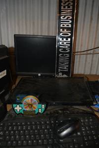 lot 405 image: Electronics Dell and ViewSonic Monitors, Keyboard, Metal Sign