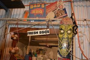 lot 415 image: Death Wish SkateBoard Only (No Wheels) and Vintage Signs Dads BBQ, Broaster Chicken, Fresh Eggs, 3-Basket hanger,