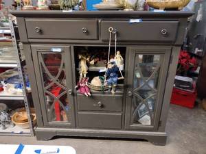 lot 19 image: GrayGreen Display Curio Cabinet with Felt-lined Drawers and Touch Light Switch (missing Side Glass Panel) Contents Sold Separately