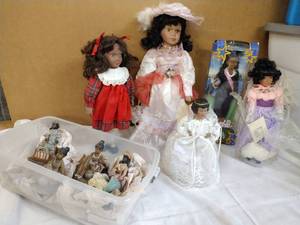 lot 159 image: Black Porcelain Dolls, Graduating Barbie, Tree topper and Figurines