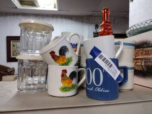 lot 182 image: Orange Glass Bottle, Lidded Glasses, Coffee Mugs
