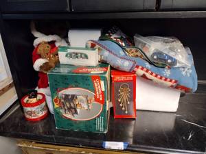 lot 114 image: Christmas Decorations Santa Bear Figurine, Fleece Blanket, Cooking For Christmas Musical Stove, and More