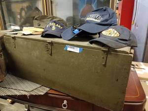 lot 251 image: Military Trunk, Ballcaps, Plane Geometry and WW2 Front Pages Book