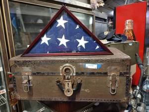 lot 9 image: Vintage Storage Trunk and Military Framed Flag