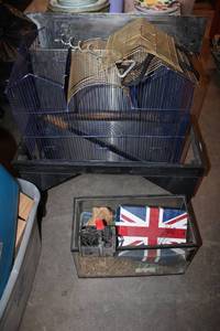 lot 442 image: Pet Lot 3-Door Birdcage, Aquarium, and Wooden Aquarium Base