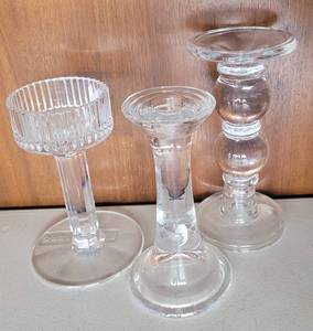 lot 18 image: LOT OF 3 CRYSTAL CANDLE HOLDERS AS SHOWN.