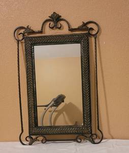 lot 43 image: DECORATIVE WROUGHT IRON STYLE FRAMED MIRROR IN STYLE SHOWN. APPROX. 30 H x 20 W.