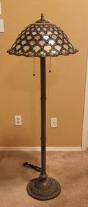 lot 59 image: TALL 56 H x 19 W DECORATIVE FLOOR LAMP WITH SHADE AND HEAVY CAST IRON STYLE BASE AS SHOWN. (MATCHES LOT #41)