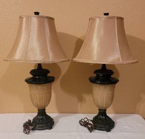lot 68 image: (2) TABLE TOP LAMPS WITH SHADES IN STYLE AND COLOR SHOWN. (SOLD 2 X THE MONEY) EACH APPROX. 32.5 H x 17.5 H.