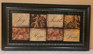 lot 70 image: KIRKLANDS JOY, HOPE, FAITH, LOVE WALL ART IN STYLE SHOWN. APPROX. 26 W x 14 H.