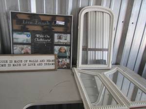 lot 60 image: Decretive 3 piece wall mirror, wall art, new live laugh love photo frame holds 8 pics