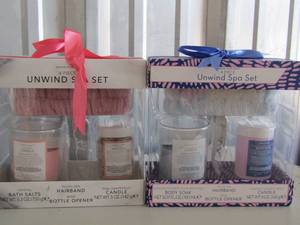 lot 62 image: 2 new sets of unwind spa sets, 1 is pink grapefruit and 1 is almond coconut