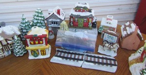 lot 93 image: Christmas village lot, houses, 2 train pieces and 2 tracks, little village people