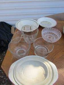 lot 96 image: Various clear glass candy dishes, covered off white bread glass bowl, 2 large serving bowls