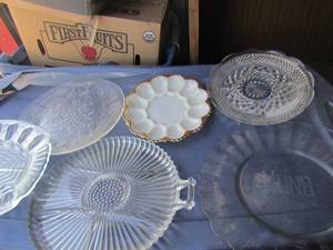 lot 123 image: lot of platters, 2 egg dishes, Christmas platter, doubled handled divided platter, divided veggie platter