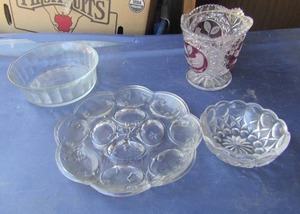 lot 126 image: RED BYRDE CRYSTAL VASE,  dish, egg plate, clear glass bowl,