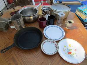lot 131 image: Pots and pans, hand sifter, wooden rolling pen, sugar jar, coffee cups, 2 white dinner plates,