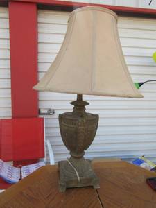 lot 133 image: very heavy sturdy table lamp, needs bulb area fixed has a shade needs cleaned