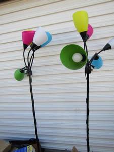 lot 135 image: multi color floor lamps with 5 bulb areas, stands about 5ft tall, unknown working order qty 2