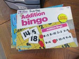 lot 139 image: 3 drawer desk top storage ben full of notebook paper, 4 trend beginning bingo games