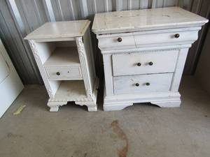lot 13 image: 292819 white 2 drawer side table needs a little TLC, 281614 off white 2 drawer 2 tier side table needs a little TLC