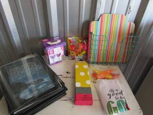 lot 148 image: various black photo frames,  wall hanger for papers, mini play dough, foam art, large pencil wall dcor