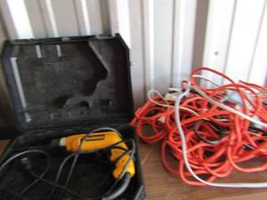 lot 157 image: Electric DeWalt drill with case, lot of extension cords