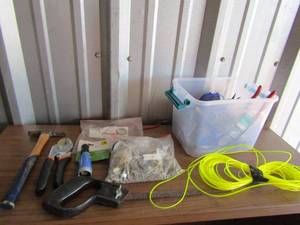 lot 158 image: Tool lot includes, screws, small hammer, screwdriver, sockets, socket wrench, plyers, small hand saw saw