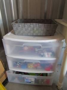 lot 167 image: 3 drawer white storage ben full of misc. toys