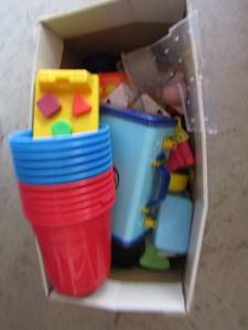 lot 176 image: Box of misc. toys and 6 red and 6 blue buckets