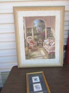 lot 29 image: 3125 Vivian Flash framed porch painting, 158 Britt Ryan framed photo of tea cups and plates