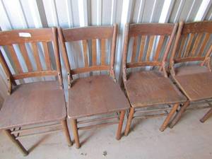 lot 46 image: 4 solid wood dining chairs 24 tall back wood seating, god condition