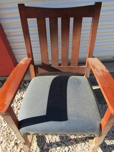 lot 188 image: Brown rocker with blue cloth seating, red rolling office chair, maroon rolling office chair