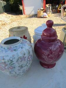 lot 197 image: Covered piggy cookie jar, pink engraved covered cookie jar, vase, clay covered cookie jar