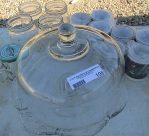lot 198 image: Covered glass cake plate, mason jars, New coffee cups qty 8