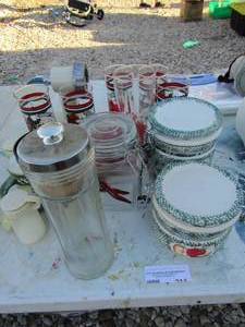 lot 211 image: 3 canisters, cups, glasses, and more
