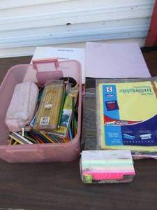 lot 241 image: Construction paper, dividers, notebook paper, box of used colored pencils, pens, pencils, index cards