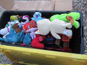 lot 227 image: tote full of stuffed animals some have stains and various toys