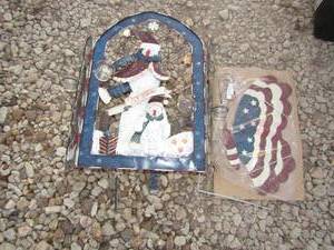 lot 230 image: yard art snowman on stand with 4 cups for candles and metal American flag butterflys