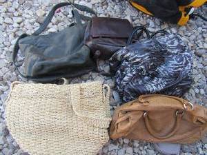 lot 257 image: lot of purses wicker style, purple guess purse and brown & black purse,