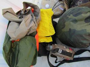 lot 262 image: Porta roof and turkey hunter blind, canteen, 2 hunting vest size XL new, black sleeping bag, camping pillow