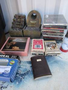 lot 264 image: various music cds country, Tim McGraw, Harry Conic, playing cards, drinking flask,