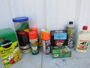 lot 265 image: New box of miracle grow, water sealant, Mighty mend it new, 2 cycle small engine gasoline, grip rite roofing nails, small tub of various size zip ties