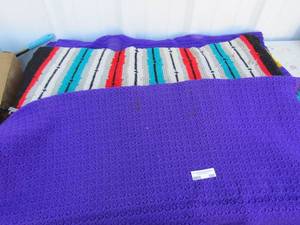 lot 268 image: 3 handmade throws, 1 is purple and greenish blue, 1 is mutely color, 1 is purple and gold