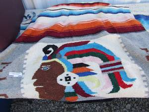 lot 269 image: handmade chair throw, maroon brown white and blue with a Indian woven design in middle with a head dressing