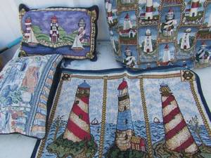 lot 270 image: light house pillows, light house on water rug