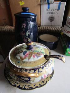 lot 103 image: Large soup terrain and bowl, dark blue waterer with bowl