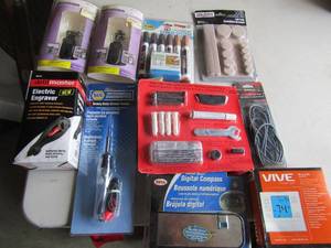 lot 106 image: Electric engraver, drill master, vine comfort thermostat, hardware packs, level, flash lights, Velcro stickies, and more, box full