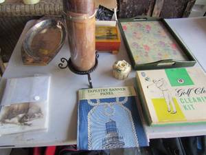 lot 127 image: candle on stand, tapestry panel, serving trey, small jewelry box and more