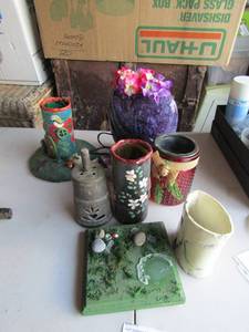 lot 142 image: purple vase and flowers, 2 scentsy warmers, hand made floral vase and a handmade white oval vase